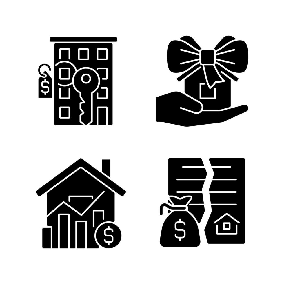Real estate market black glyph icons set on white space. Property sale. Apartment purchasing. Home donation. Realty price. Silhouette symbols. Solid pictogram pack. Vector isolated illustration