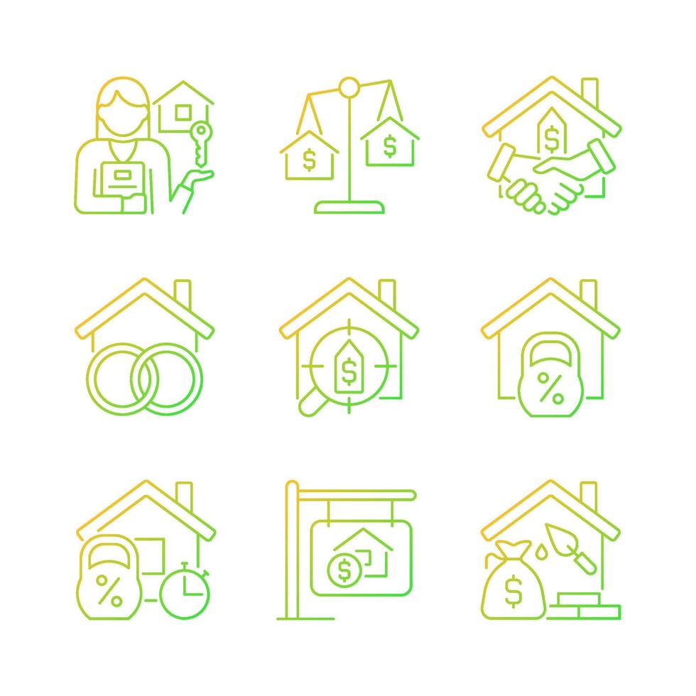 Real estate gradient linear vector icons set. Home and construction mortgage. Property purchasing. Asset insurance. Thin line contour symbol designs bundle. Isolated outline illustrations collection