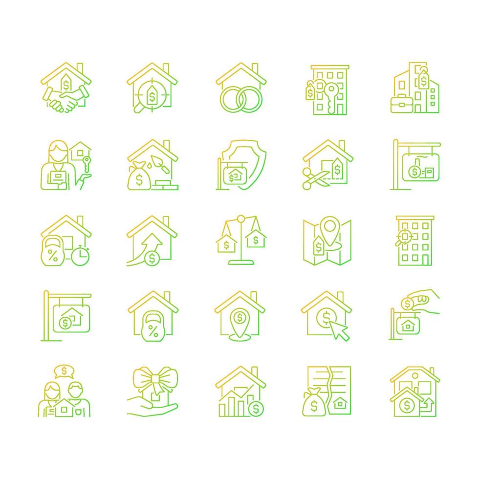 Property sale gradient linear vector icons set. Real estate market. House purchase. Thin line contour symbol designs bundle. Isolated outline illustrations collection. Quicksand-Light font used