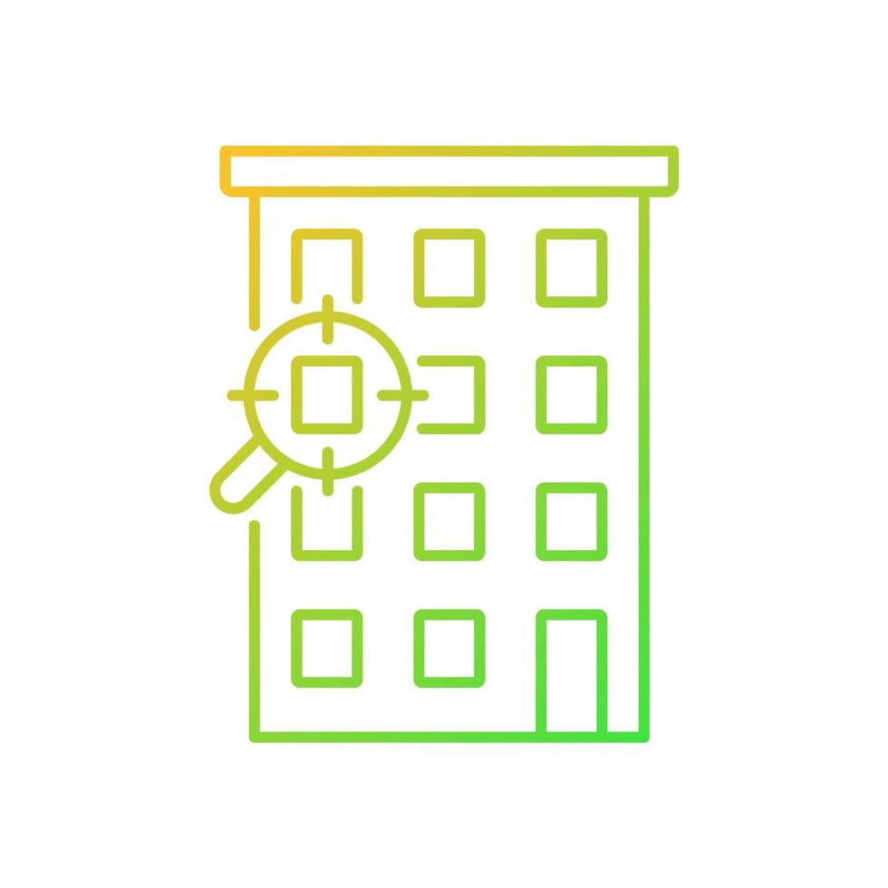 Flat search services gradient linear vector icon. Help to find dwelling. Rent apartment and housing unit. Real estate. Thin line color symbol. Modern style pictogram. Vector isolated outline drawing