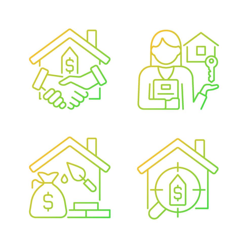 Home buying process gradient linear vector icons set. Real estate agent. Property mortgage. Searching house. Thin line contour symbol designs bundle. Isolated outline illustrations collection