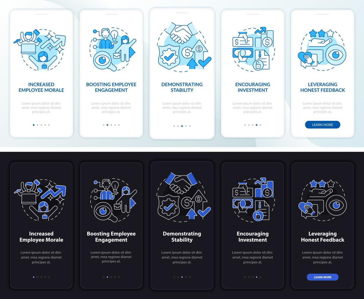 Transparency profit night and day mode onboarding mobile app screen. Walkthrough 5 steps graphic instructions pages with linear concepts. UI, UX, GUI template. Myriad Pro-Bold, Regular fonts used vector