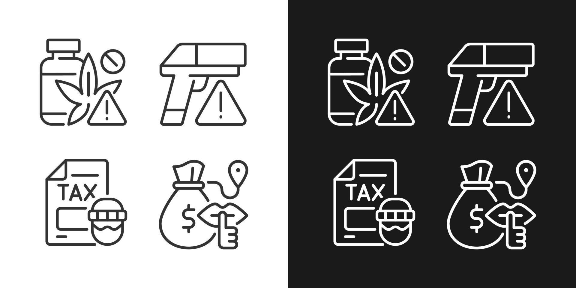 Illegal transportation linear icons set for dark and light mode. Drugs, armament trading. Customizable thin line symbols. Isolated vector outline illustrations. Editable stroke. Pixel perfect