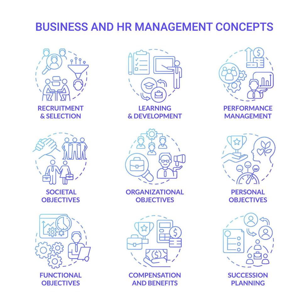 HR and business management blue gradient concept icons set. Human resource idea thin line color illustrations. Isolated outline drawings. Editable stroke. Roboto-Medium, Myriad Pro-Bold fonts used vector