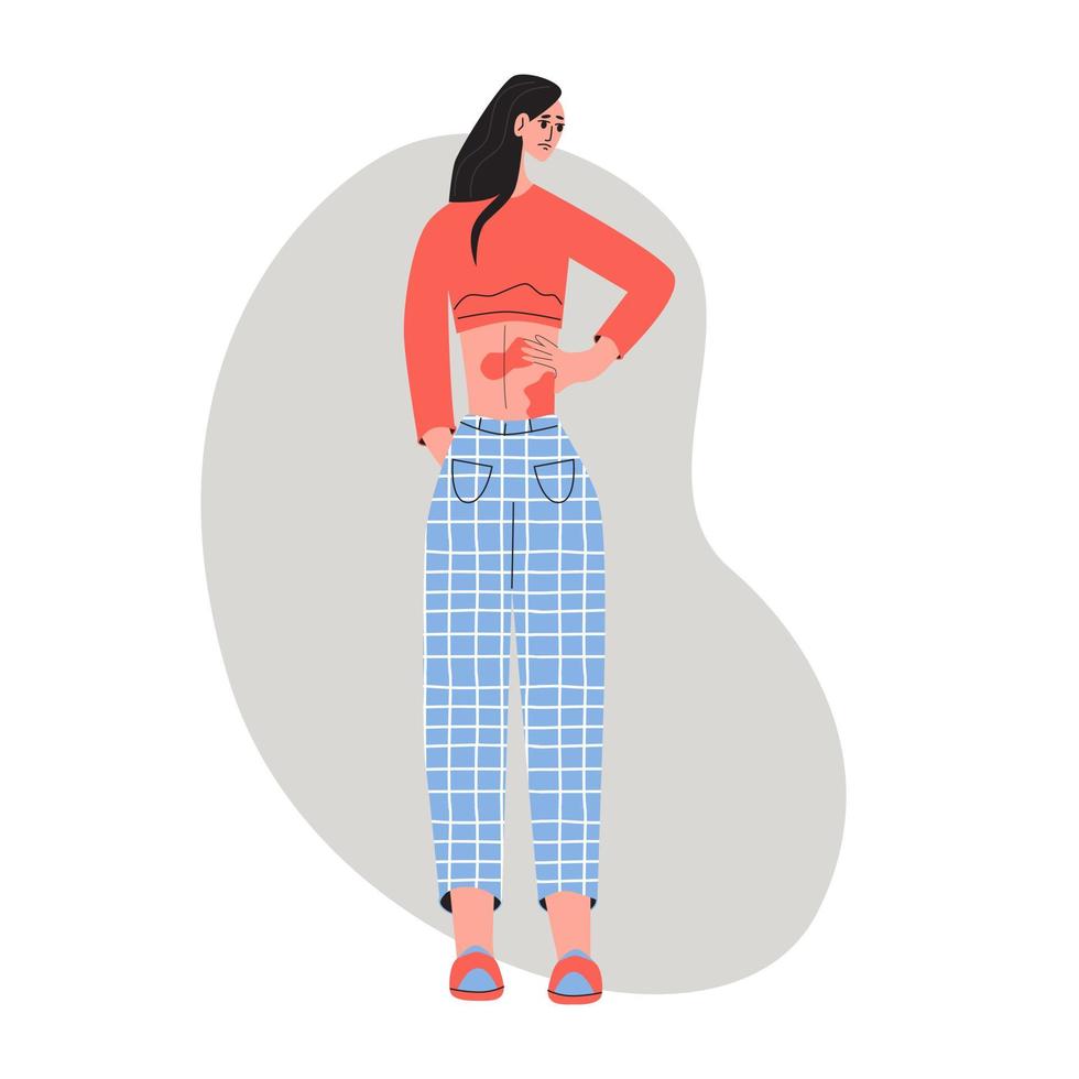 woman suffering from eczema and feelling pain. Flat vector illustration.