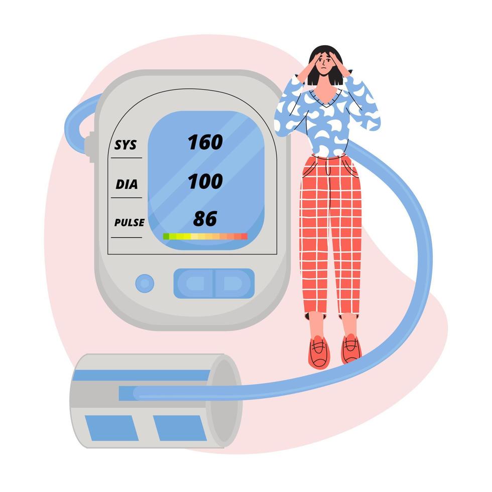 mujer joven mide la presión arterial con tonómetro, niña que sufre de presión arterial alta vector
