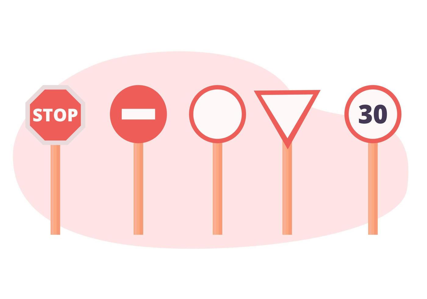 Set with five differnt traffic signs. Flat vector illustration, isolated on a white background.