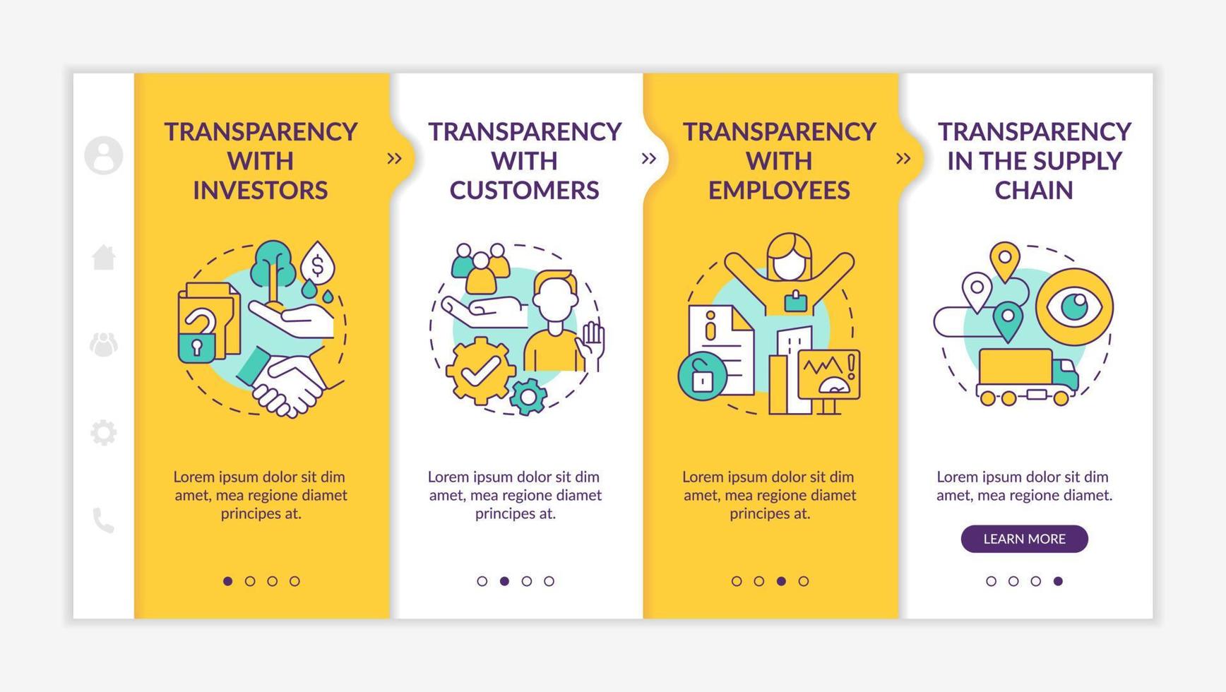 Examples of transparency yellow onboarding template. Business company. Responsive mobile website with linear concept icons. Web page walkthrough 4 step screens. Lato-Bold, Regular fonts used vector