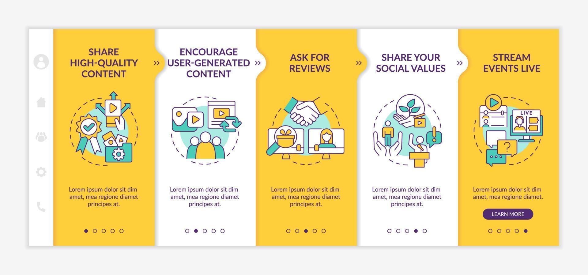 How to build trust on social media yellow onboarding template. Digital business. Responsive mobile website with linear concept icons. Web page walkthrough 5 step screens. Lato-Bold, Regular fonts used vector