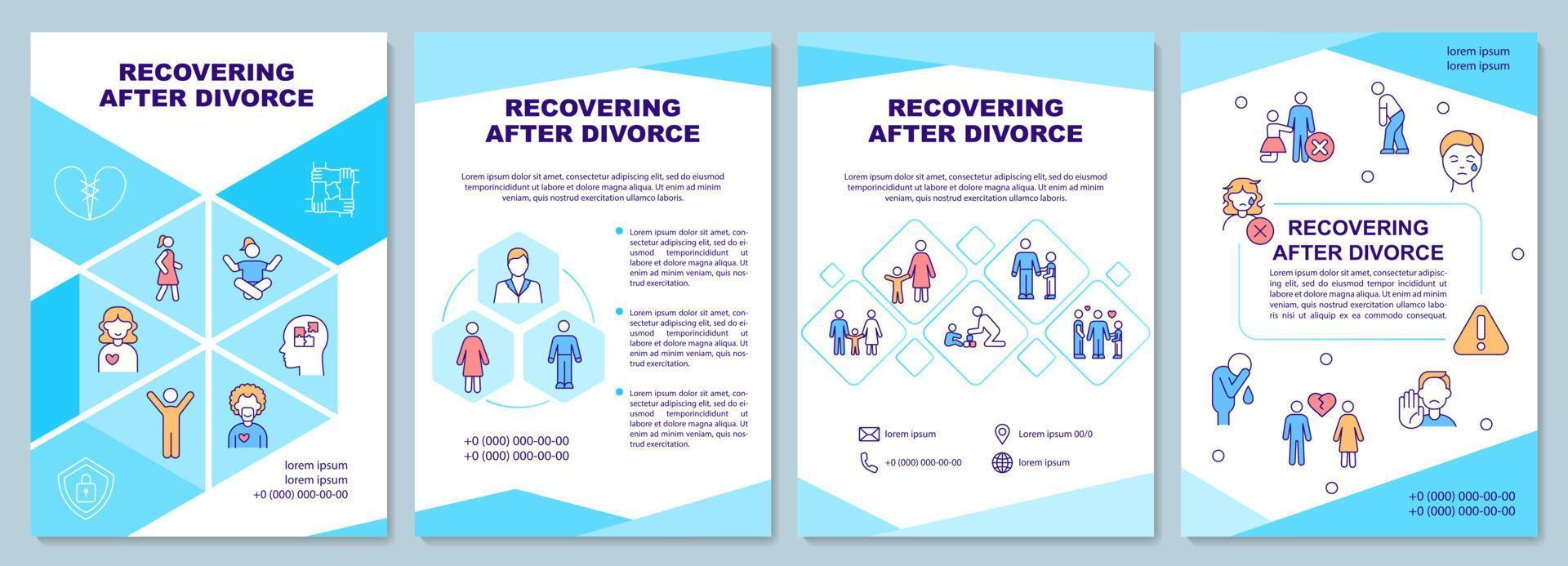 Recovering after divorce blue brochure template. Support care. Booklet print design with linear icons. Vector layouts for presentation, annual reports, ads. Arial-Black, Myriad Pro-Regular fonts used