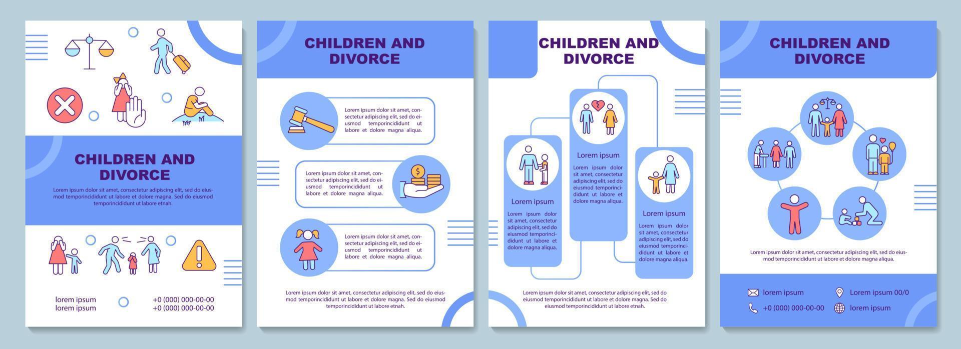 Children and divorce blue brochure template. Protect kids. Booklet print design with linear icons. Vector layouts for presentation, annual reports, ads. Arial-Black, Myriad Pro-Regular fonts used