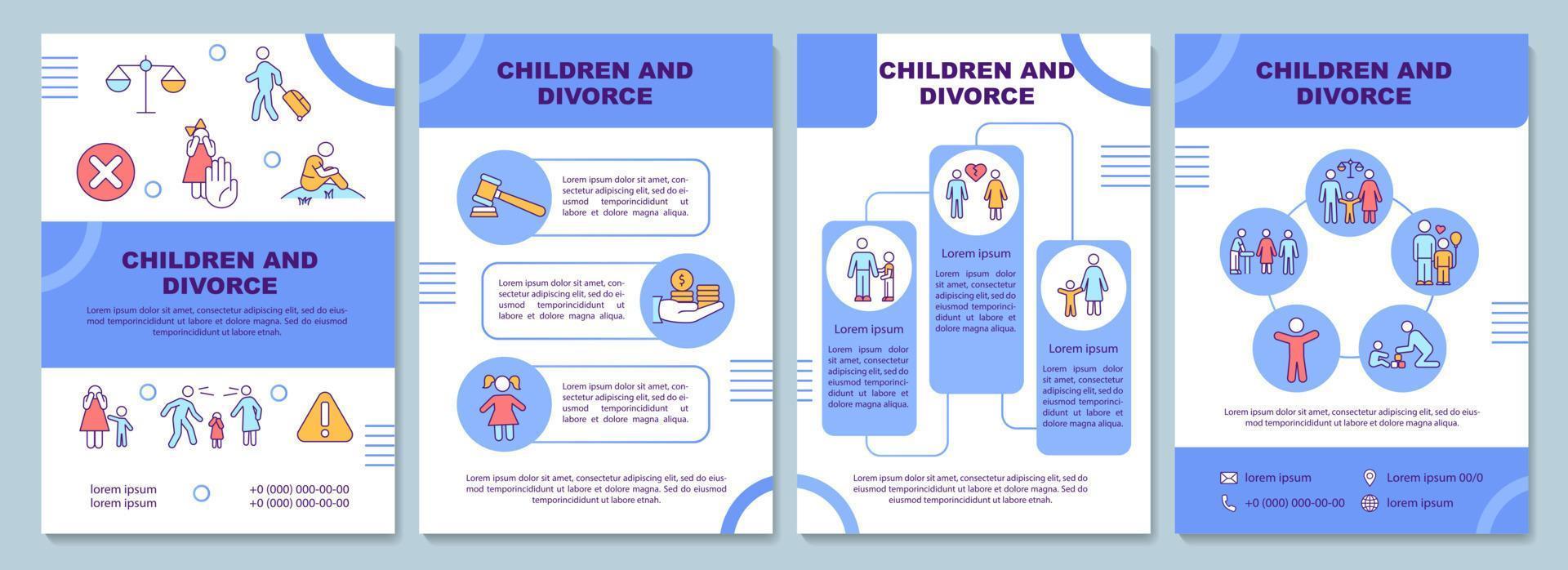 niños y plantilla de folleto azul de divorcio. proteger a los niños. diseño de impresión de folletos con iconos lineales. diseños vectoriales para presentación, informes anuales, anuncios. arial-black, innumerables fuentes pro-regulares utilizadas vector