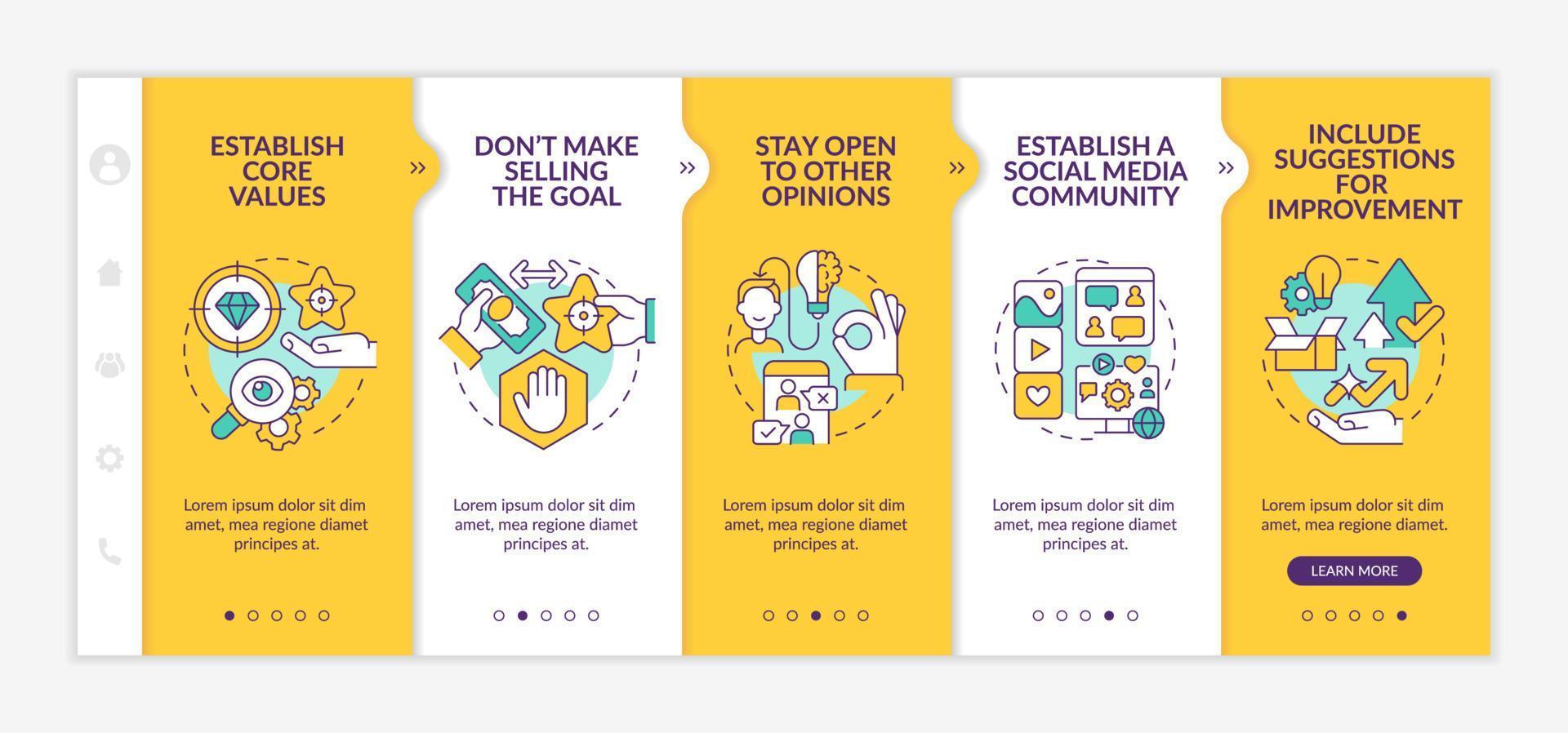 Ways to establish transparency yellow onboarding template. Business growth. Responsive mobile website with linear concept icons. Web page walkthrough 5 step screens. Lato-Bold, Regular fonts used vector