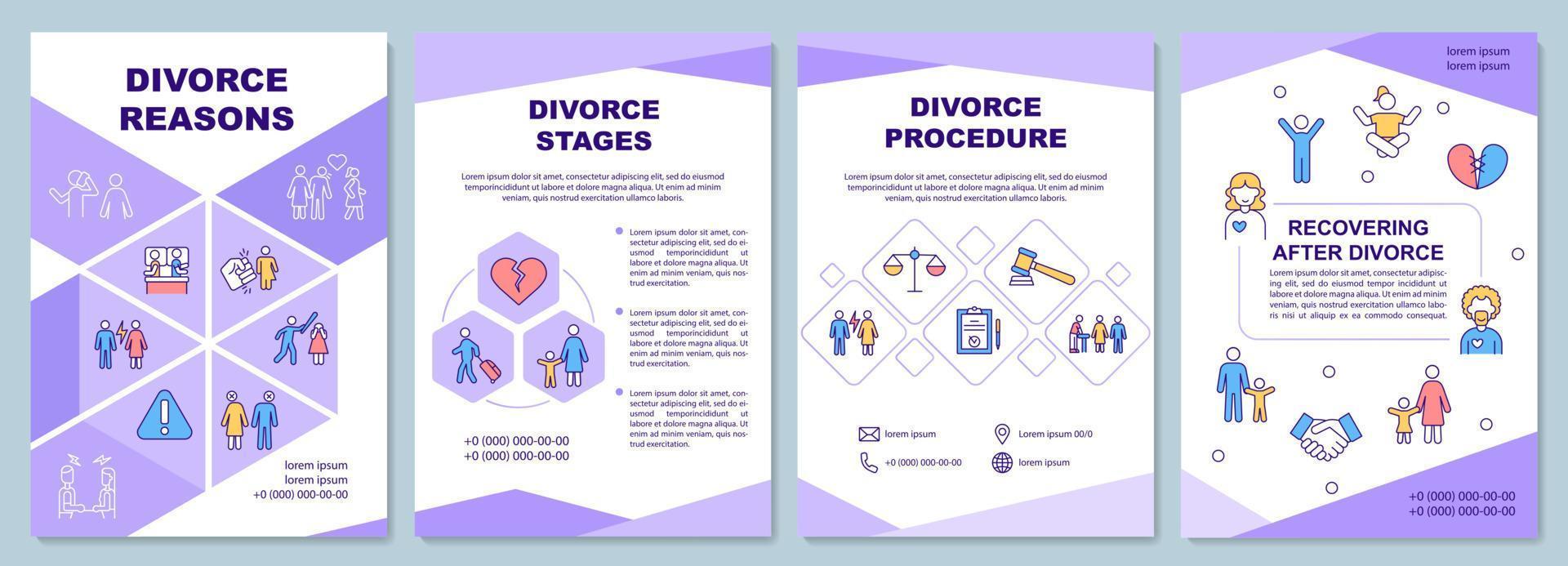 Psychology of divorce purple brochure template. Marriage end. Booklet print design with linear icons. Vector layouts for presentation, annual reports, ads. Arial-Black, Myriad Pro-Regular fonts used
