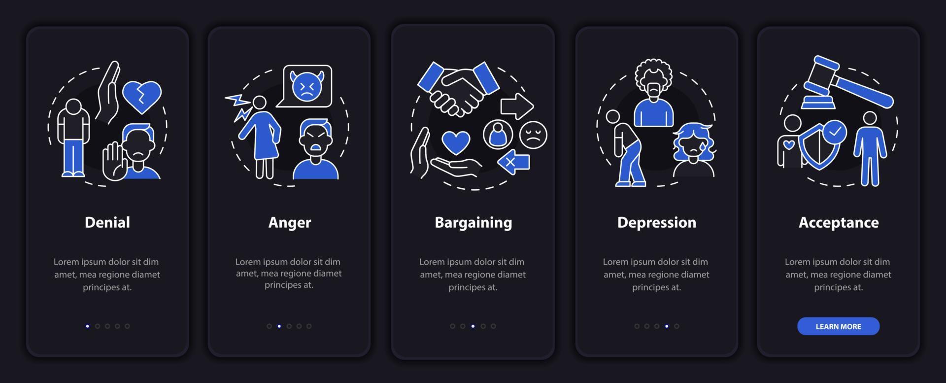 Divorce stages night mode onboarding mobile app screen. Process walkthrough 5 steps graphic instructions pages with linear concepts. UI, UX, GUI template. Myriad Pro-Bold, Regular fonts used vector