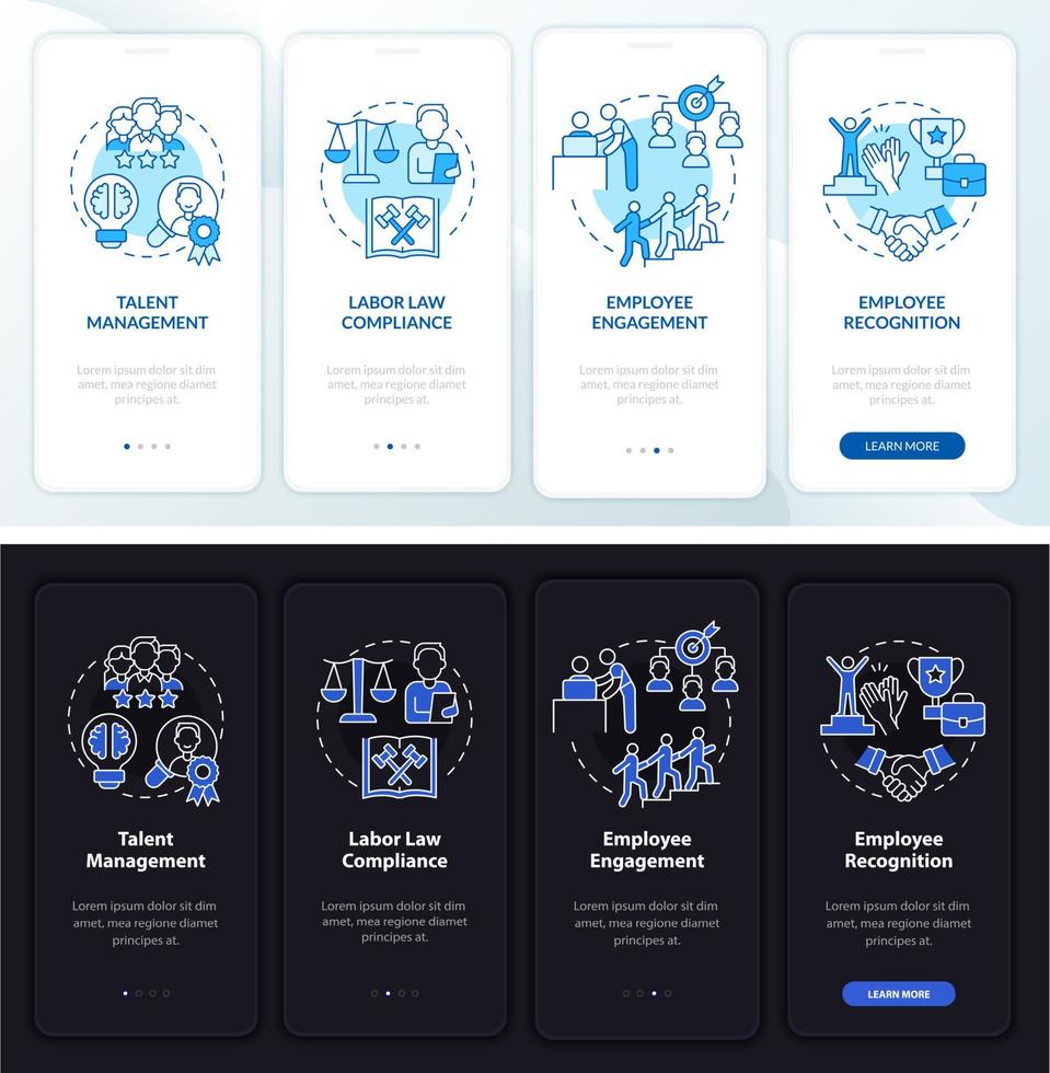 funciones de gerente de recursos humanos pantalla de aplicación móvil de incorporación de modo diurno y nocturno. tutorial 4 pasos páginas de instrucciones gráficas con conceptos lineales. interfaz de usuario, ux, plantilla de interfaz gráfica de usuario. innumerables fuentes pro-negrita y regulares utilizadas vector