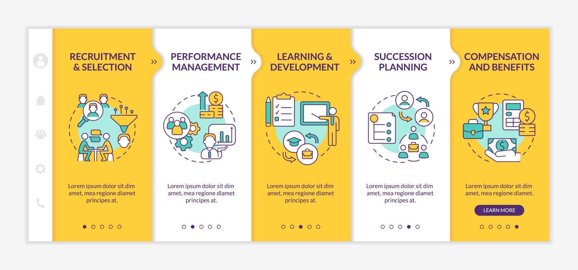 plantilla amarilla de incorporación de conceptos básicos de gestión de recursos humanos. sitio web móvil receptivo con iconos de concepto lineal. Tutorial de página web Pantallas de 5 pasos. lato-negrita, fuentes regulares utilizadas vector