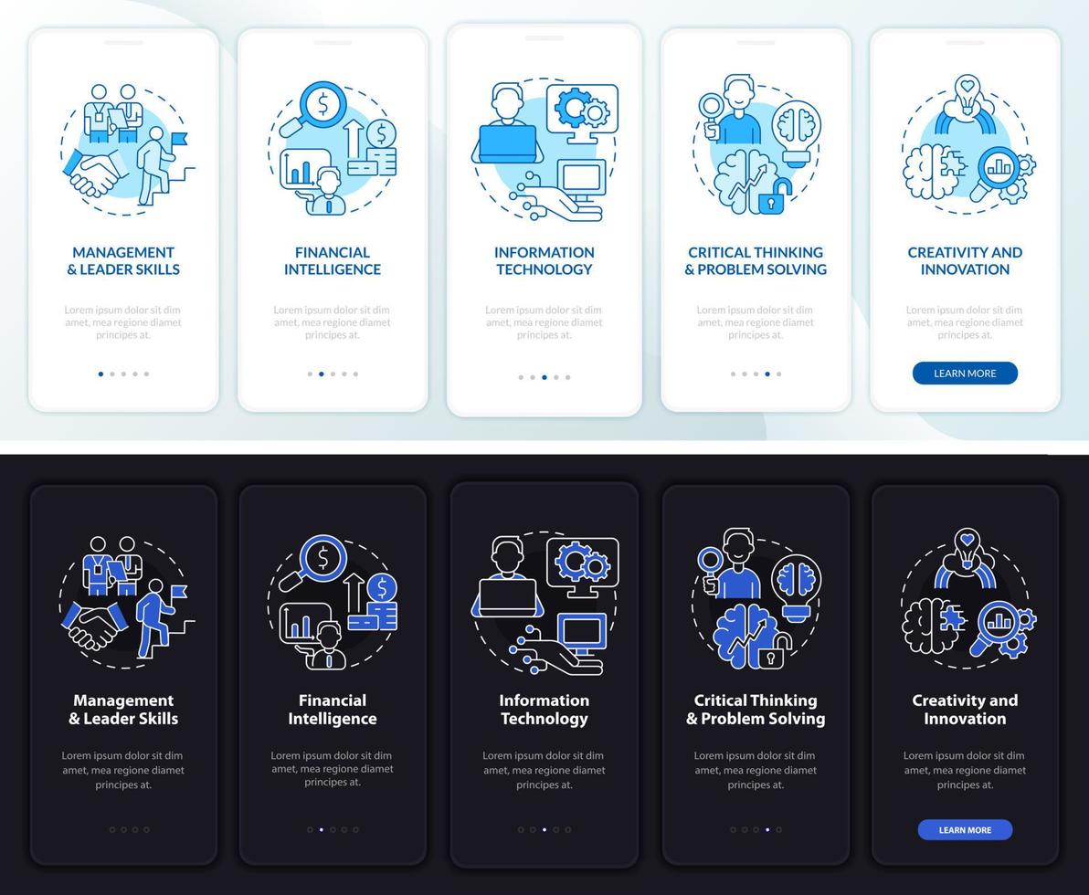 Skills for management night, day mode onboarding mobile app screen. Walkthrough 5 steps graphic instructions pages with linear concepts. UI, UX, GUI template. Myriad Pro-Bold, Regular fonts used vector