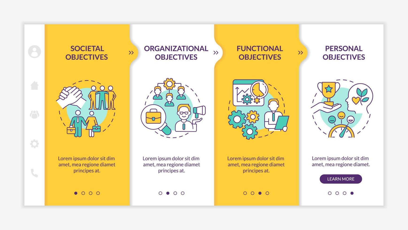 Objectives of Human resources management yellow onboarding template. Responsive mobile website with linear concept icons. Web page walkthrough 4 step screens. Lato-Bold, Regular fonts used vector