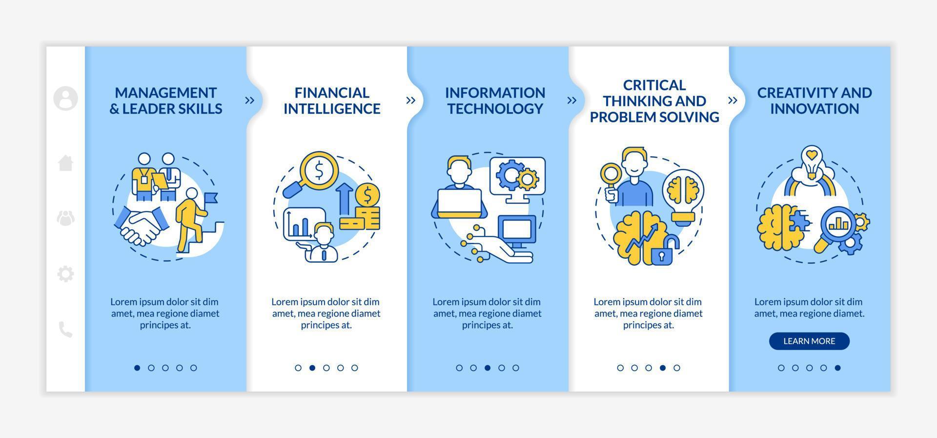 Skills for business management blue and white onboarding template. Responsive mobile website with linear concept icons. Web page walkthrough 5 step screens. Lato-Bold, Regular fonts used vector