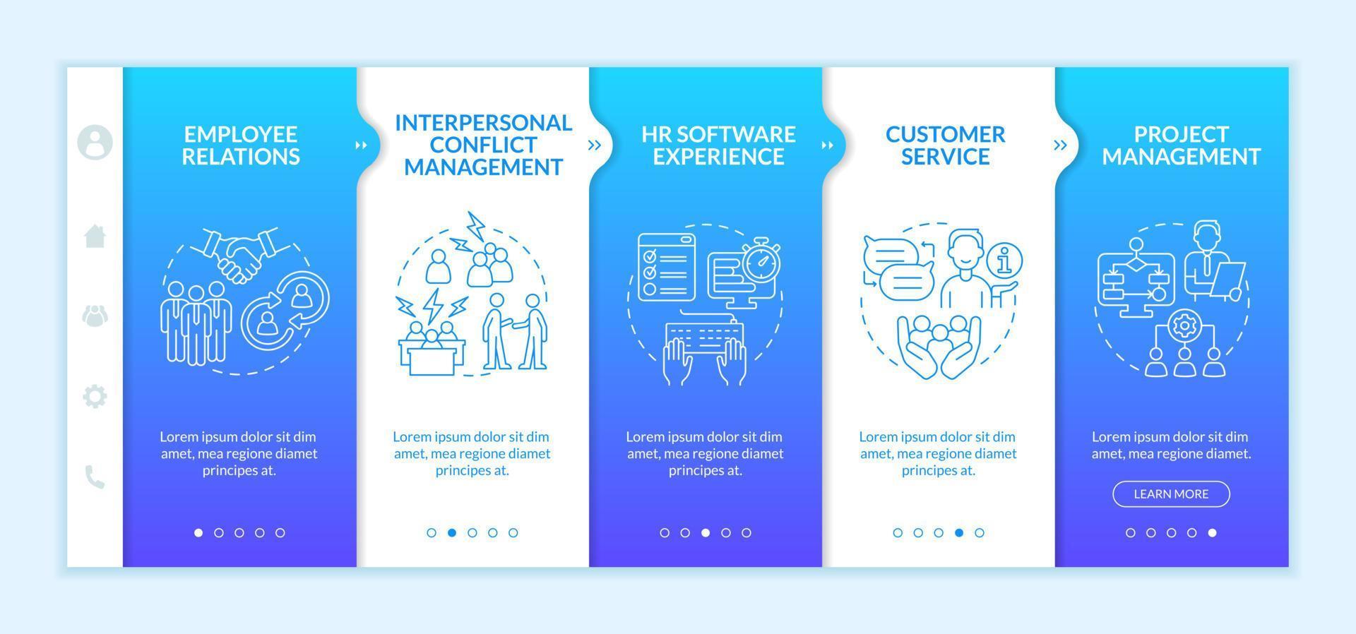 Skills for human resources manager blue gradient onboarding template. Responsive mobile website with linear concept icons. Web page walkthrough 5 step screens. Lato-Bold, Regular fonts used vector