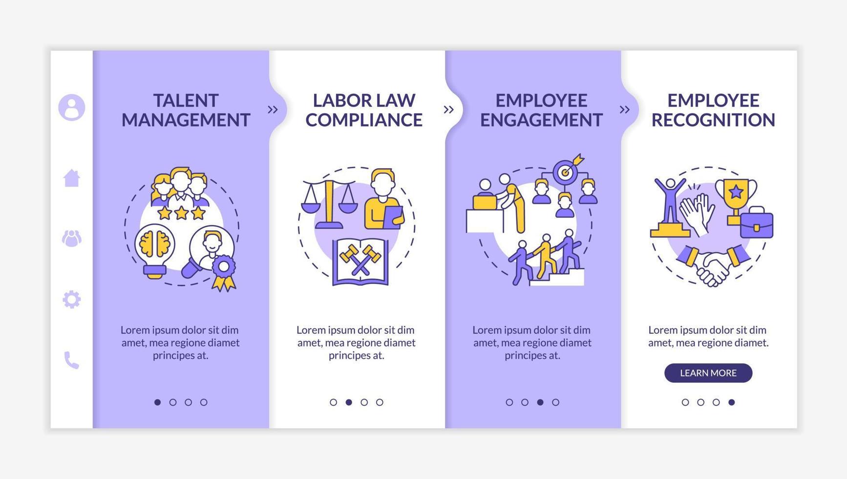 Human resources manager duties purple and white onboarding template. Responsive mobile website with linear concept icons. Web page walkthrough 4 step screens. Lato-Bold, Regular fonts used vector