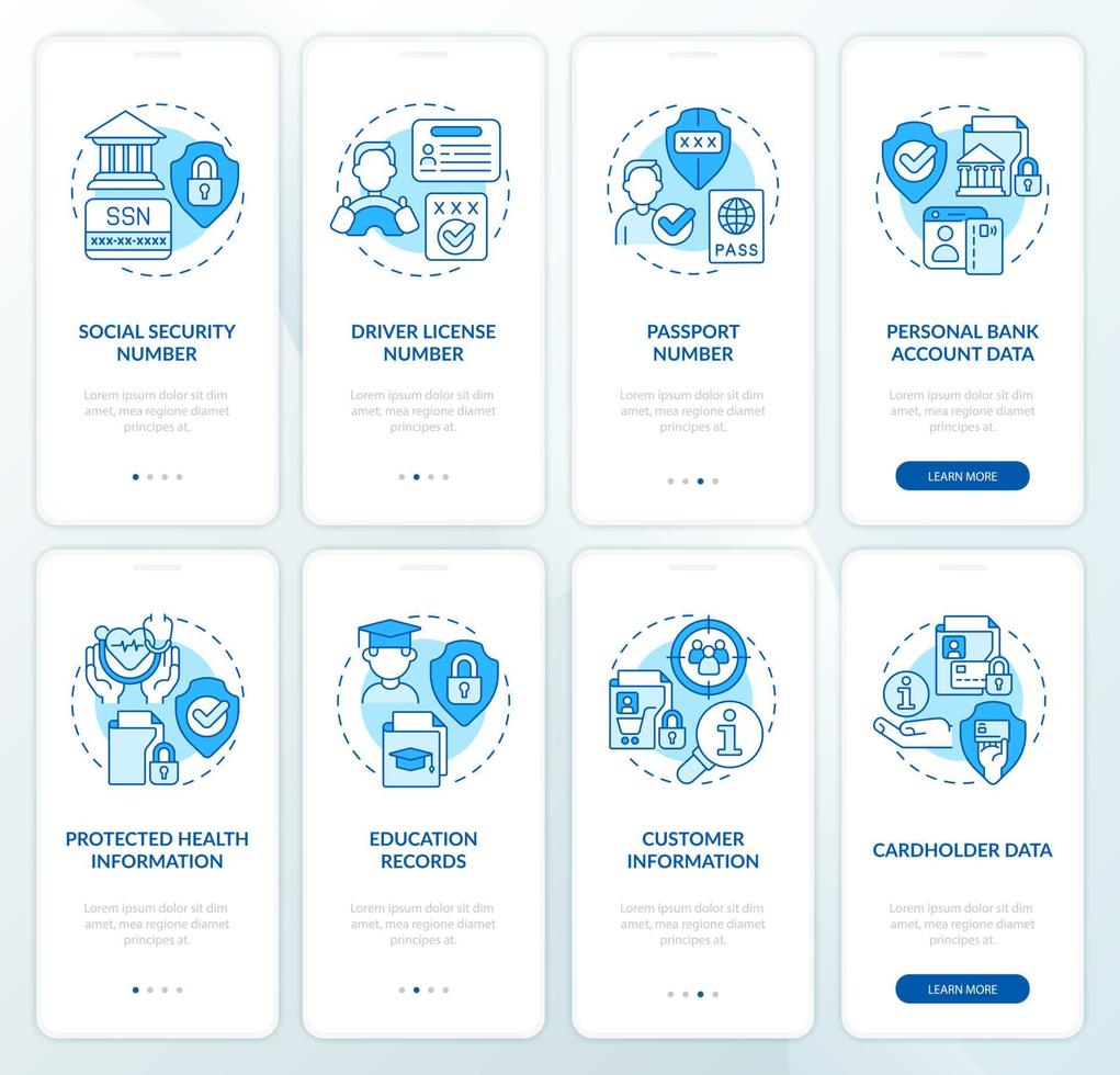 Sensitive information blue onboarding mobile app screen set. Security walkthrough 4 steps graphic instructions pages with linear concepts. UI, UX, GUI template. Myriad Pro-Bold, Regular fonts used vector