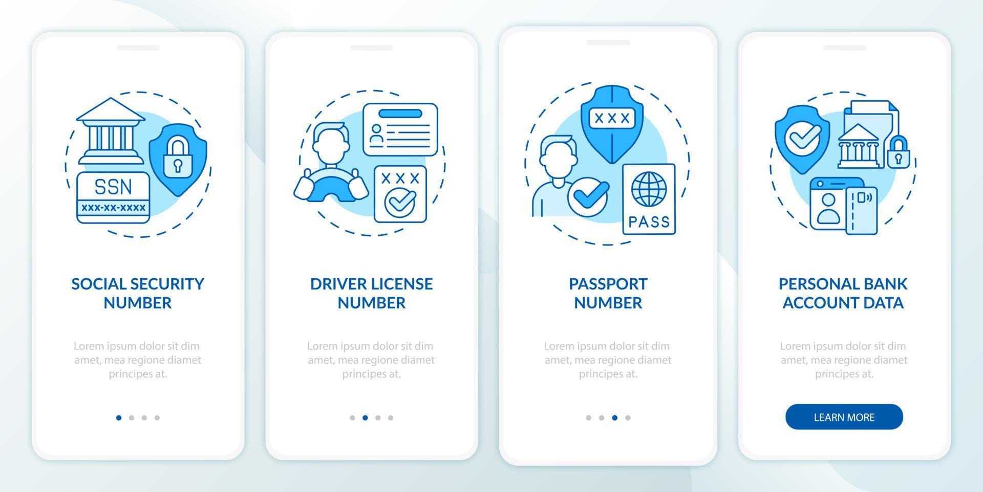 Highly sensitive data blue onboarding mobile app screen. Privacy walkthrough 4 steps graphic instructions pages with linear concepts. UI, UX, GUI template. Myriad Pro-Bold, Regular fonts used vector