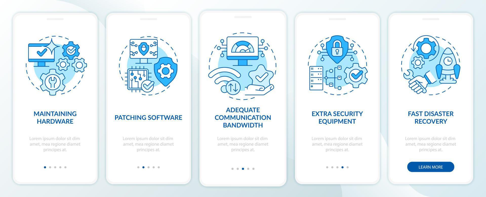 Availability blue onboarding mobile app screen. Data protection walkthrough 5 steps graphic instructions pages with linear concepts. UI, UX, GUI template. Myriad Pro-Bold, Regular fonts used vector