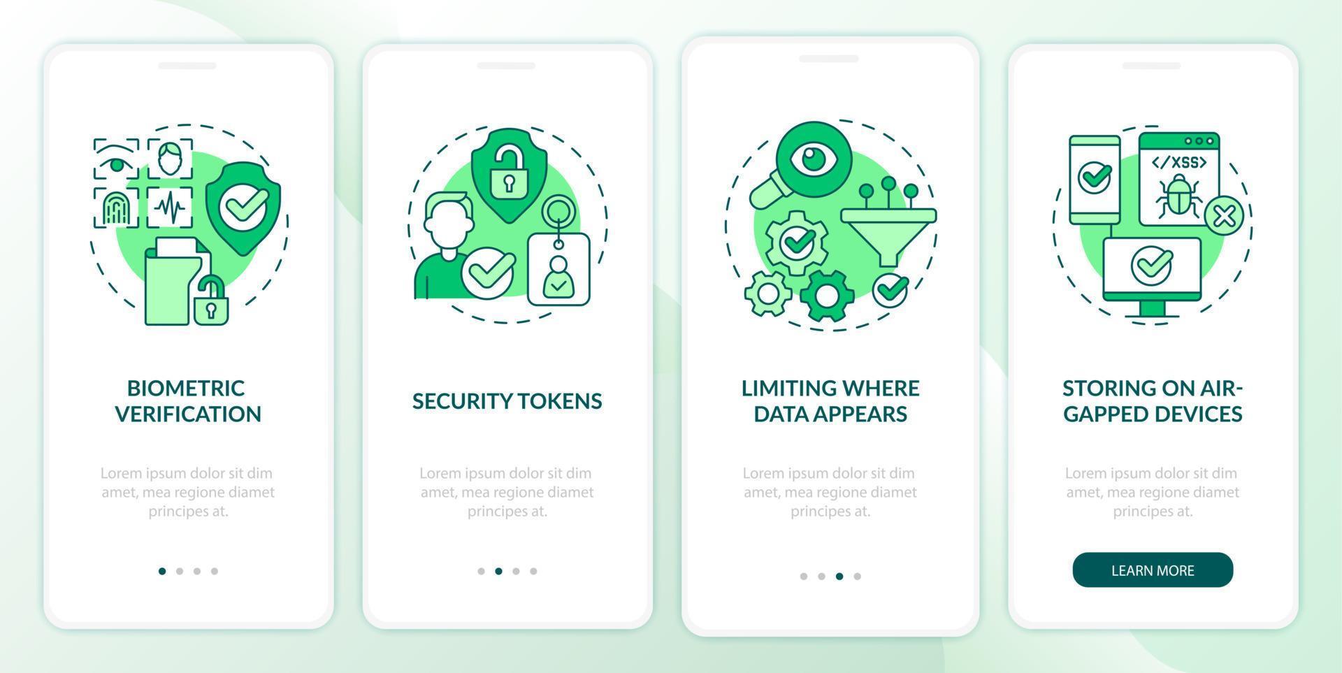 Confidentiality countermeasures green onboarding mobile app screen. Safe walkthrough 4 steps graphic instructions pages with linear concepts. UI, UX, GUI template. Myriad Pro-Bold, Regular fonts used vector