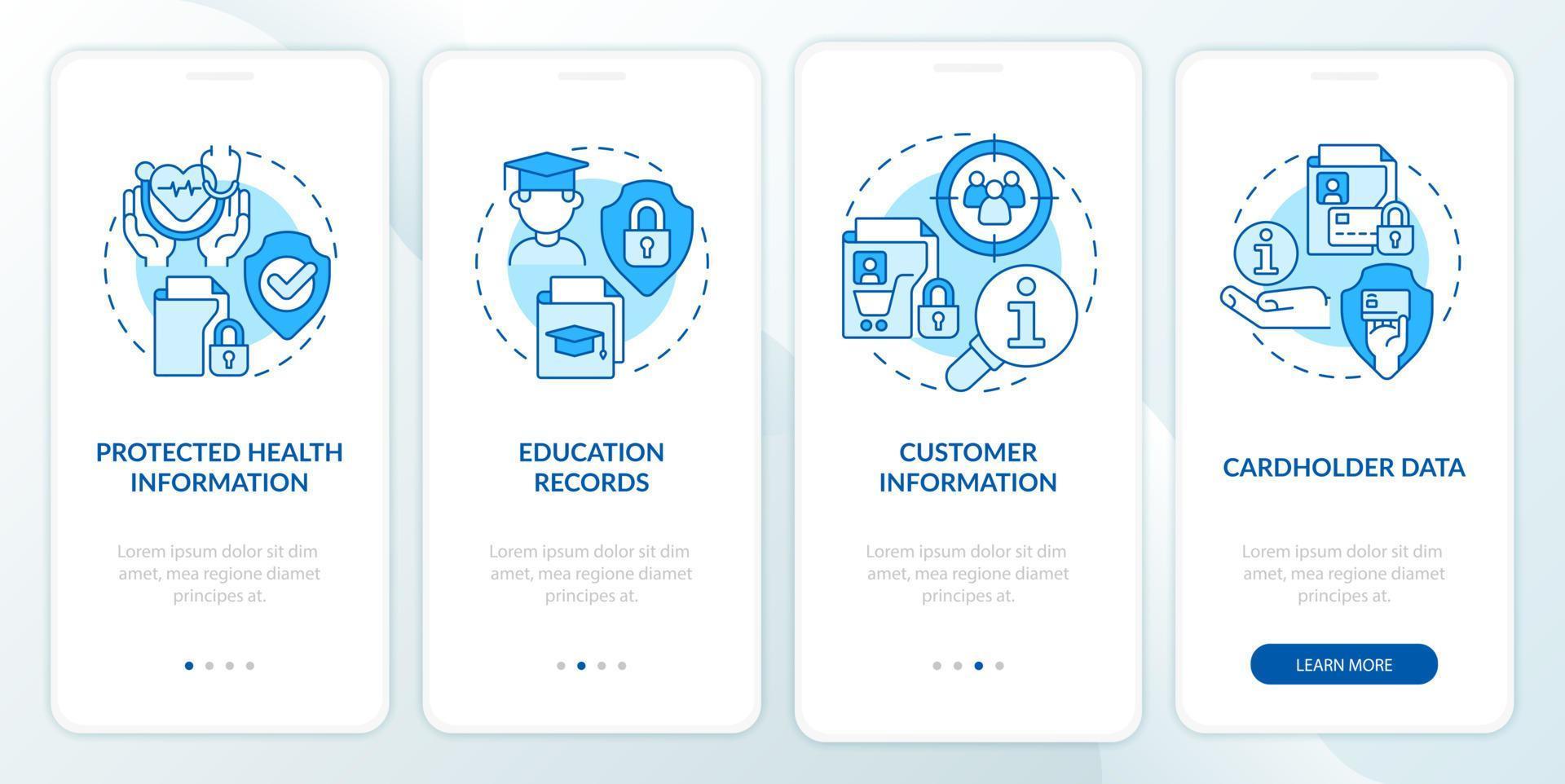 Examples of sensitive blue data onboarding mobile app screen. Identity walkthrough 4 steps graphic instructions pages with linear concepts. UI, UX, GUI template. Myriad Pro-Bold, Regular fonts used vector