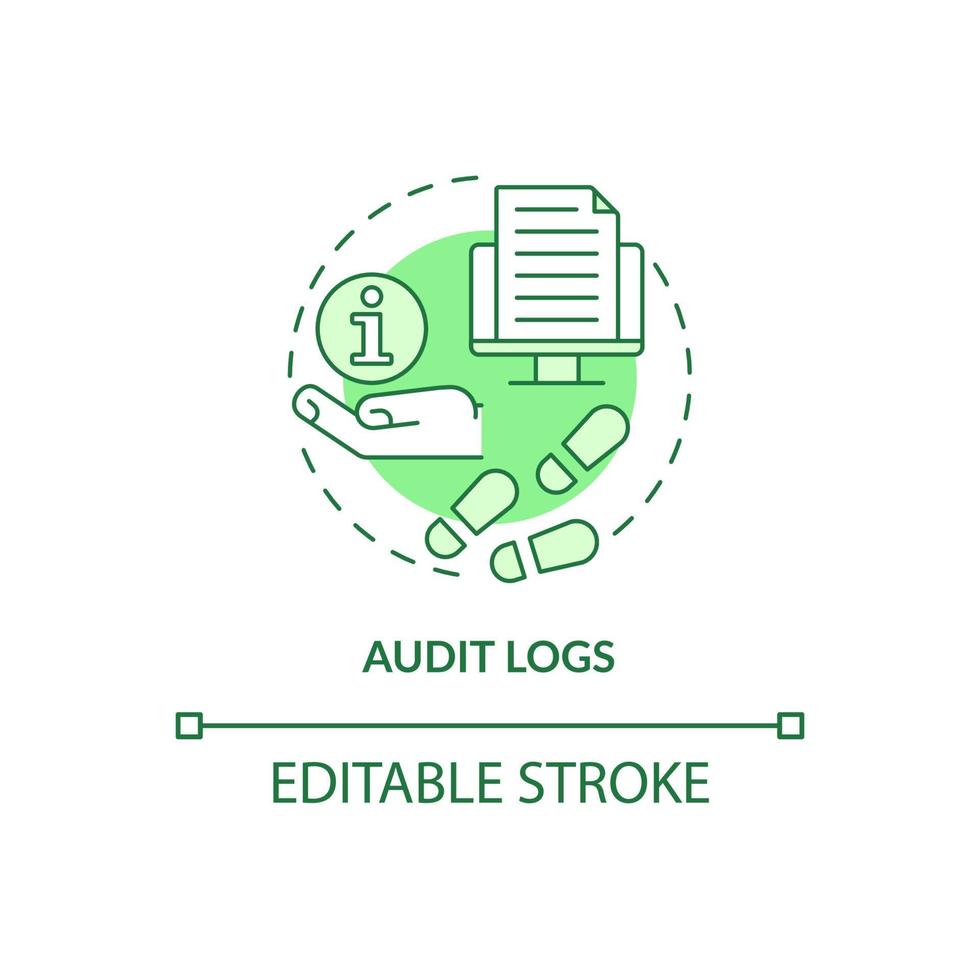 icono de concepto verde de registros de auditoría. Ilustración de línea delgada de idea abstracta de protección de información digital. dibujo de contorno aislado. trazo editable. roboto-medium, innumerables fuentes pro-bold utilizadas vector