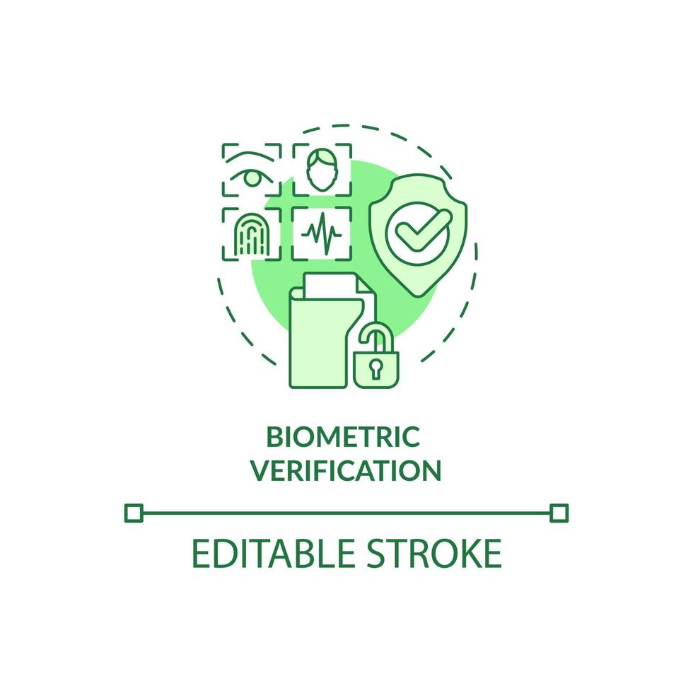 icono de concepto verde de verificación biométrica. formas de proteger la información idea abstracta ilustración de línea delgada. dibujo de contorno aislado. trazo editable. roboto-medium, innumerables fuentes pro-bold utilizadas vector