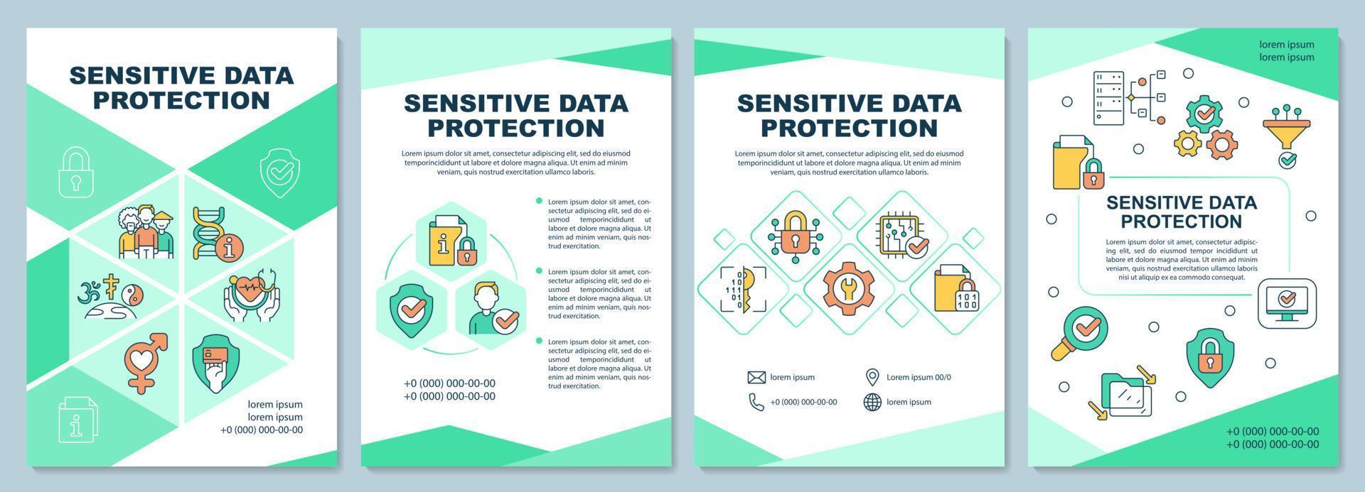 Sensitive data protection green brochure template. Booklet print design with linear icons. Vector layouts for presentation, annual reports, ads. Arial-Black, Myriad Pro-Regular fonts used