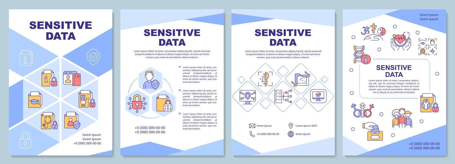 Sensitive data blue brochure template. Information safety. Booklet print design with linear icons. Vector layouts for presentation, annual reports, ads. Arial-Black, Myriad Pro-Regular fonts used