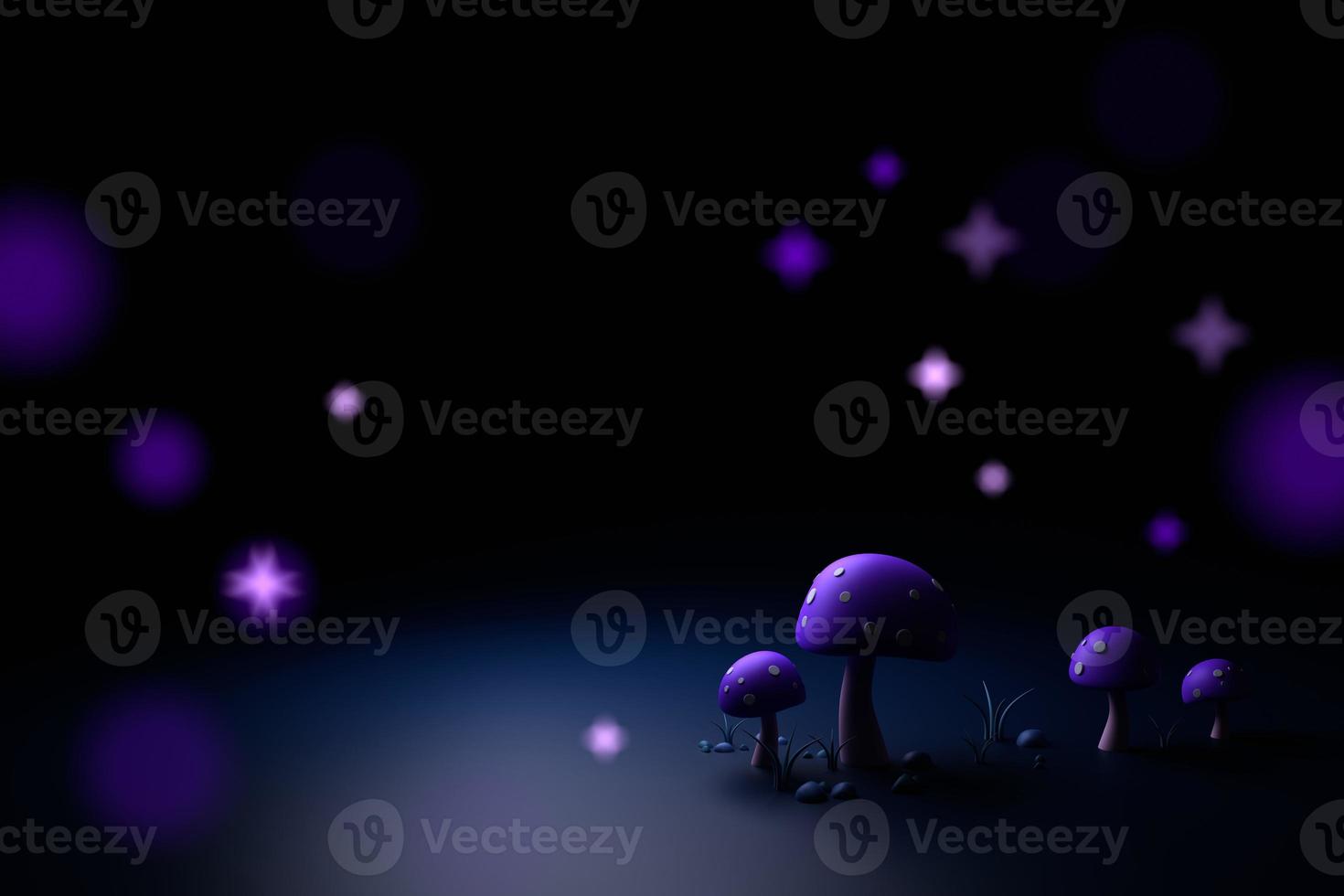 Magic mushroom field background - rendered scene with mysterious 3d mushrooms in the dark photo