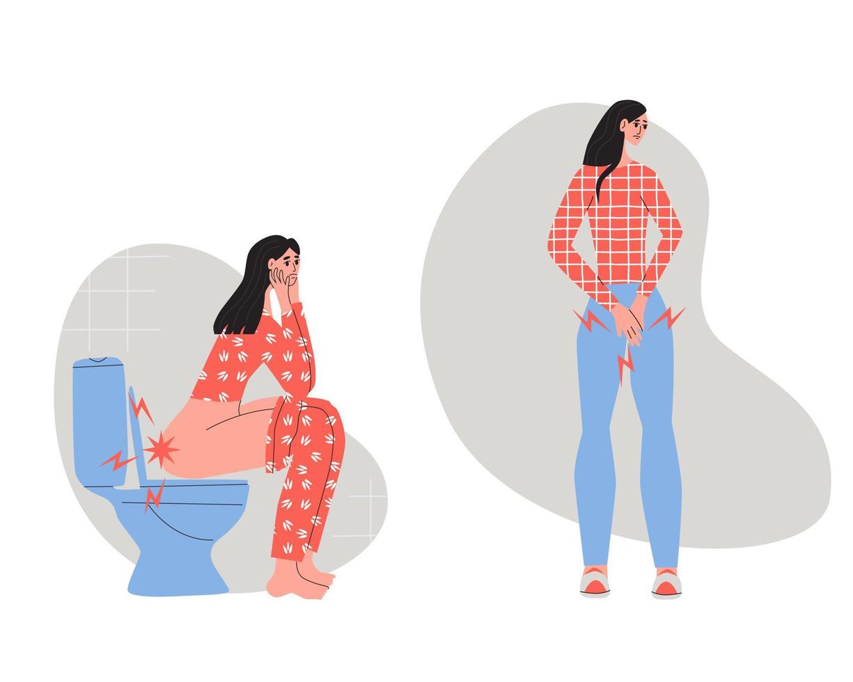 Young woman in blue jeans and red sweater suffering from hemorrhoids vector