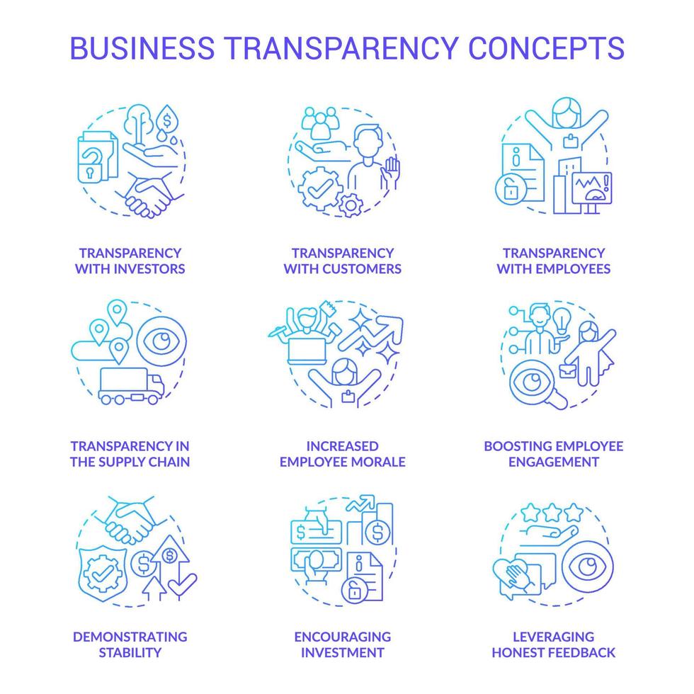 Business transparency blue gradient concept icons set. Company openness. Trustful service idea thin line color illustrations. Isolated outline drawings. Roboto-Medium, Myriad Pro-Bold fonts used vector