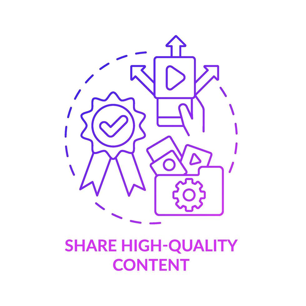 Share high-quality purple gradient content concept icon. Social media marketing abstract idea thin line illustration. Isolated outline drawing. Roboto-Medium, Myriad Pro-Bold fonts used vector