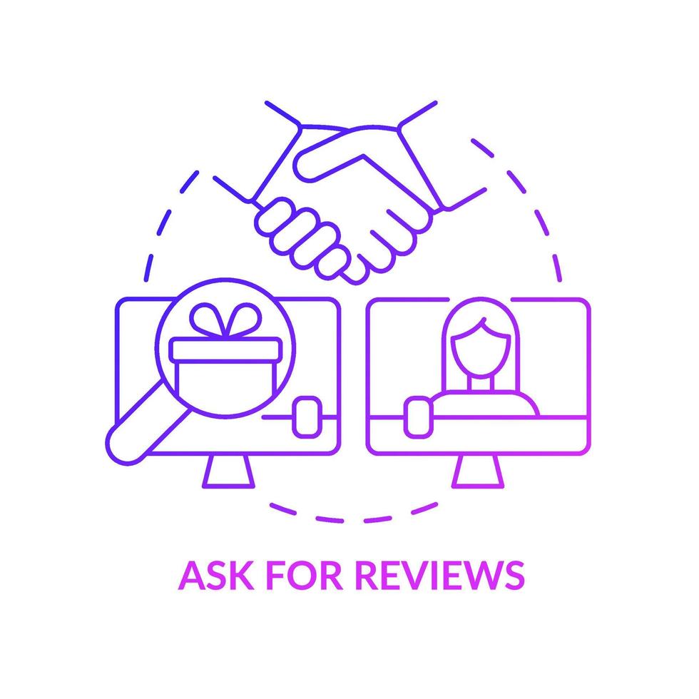 Ask for reviews purple gradient concept icon. Social media promotion. Business openness abstract idea thin line illustration. Isolated outline drawing. Roboto-Medium, Myriad Pro-Bold fonts used vector