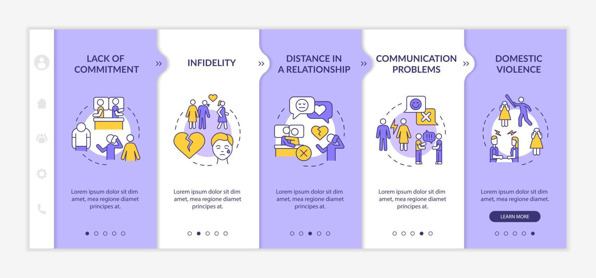 Reasons for divorce purple and white onboarding template. Separation process. Responsive mobile website with linear concept icons. Web page walkthrough 5 step screens. Lato-Bold, Regular fonts used vector