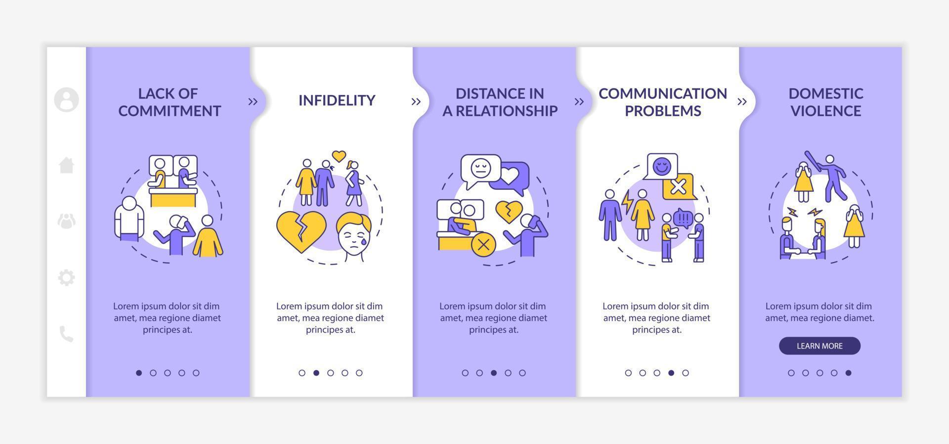 motivos de divorcio plantilla de incorporación púrpura y blanca. proceso de separación. sitio web móvil receptivo con iconos de concepto lineal. Tutorial de página web Pantallas de 5 pasos. lato-negrita, fuentes regulares utilizadas vector