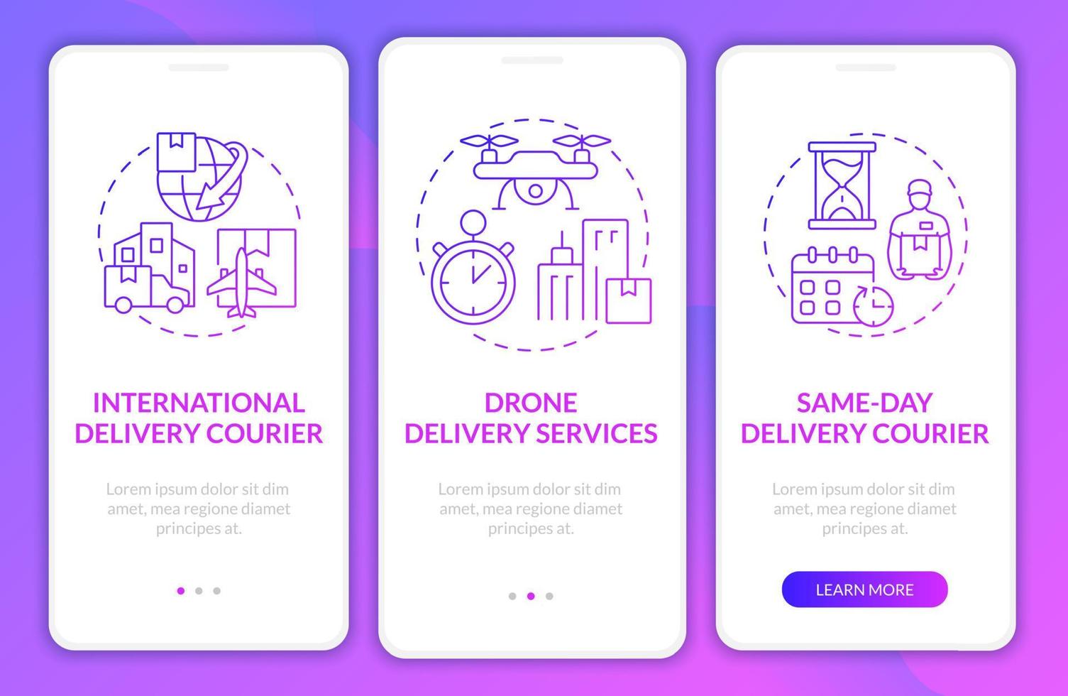 Courier delivery business purple gradient onboarding mobile app screen. Freight walkthrough 3 steps graphic instructions pages with concepts. UI, UX, GUI template. Myriad Pro-Bold, Regular fonts used vector