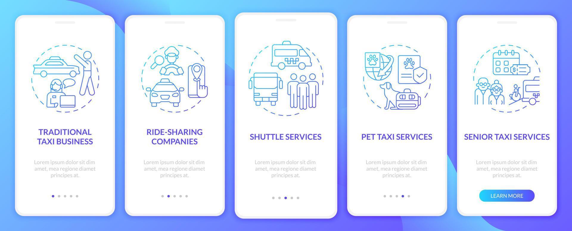 Taxi business types blue gradient onboarding mobile app screen. Shipping walkthrough 5 steps graphic instructions pages with linear concepts. UI, UX, GUI template. Myriad Pro-Bold, Regular fonts used vector