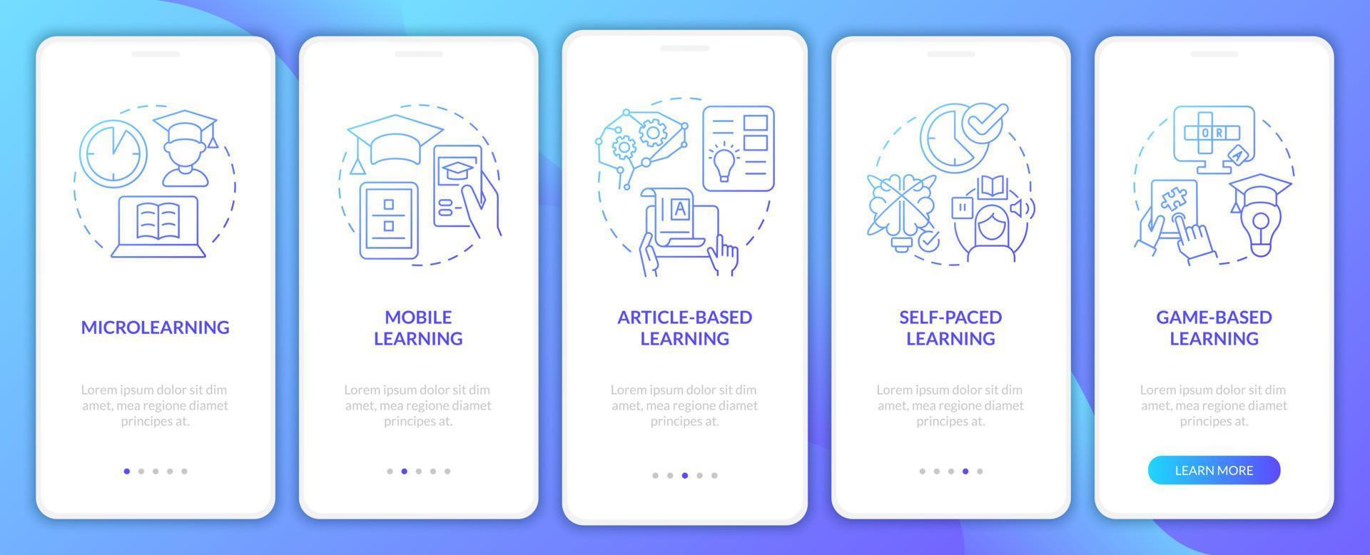 Pantalla de aplicación móvil de incorporación de gradiente azul de métodos de aprendizaje electrónico. tutorial 5 pasos páginas de instrucciones gráficas con conceptos lineales. interfaz de usuario, ux, plantilla de interfaz gráfica de usuario. innumerables fuentes pro-negrita y regulares utilizadas vector