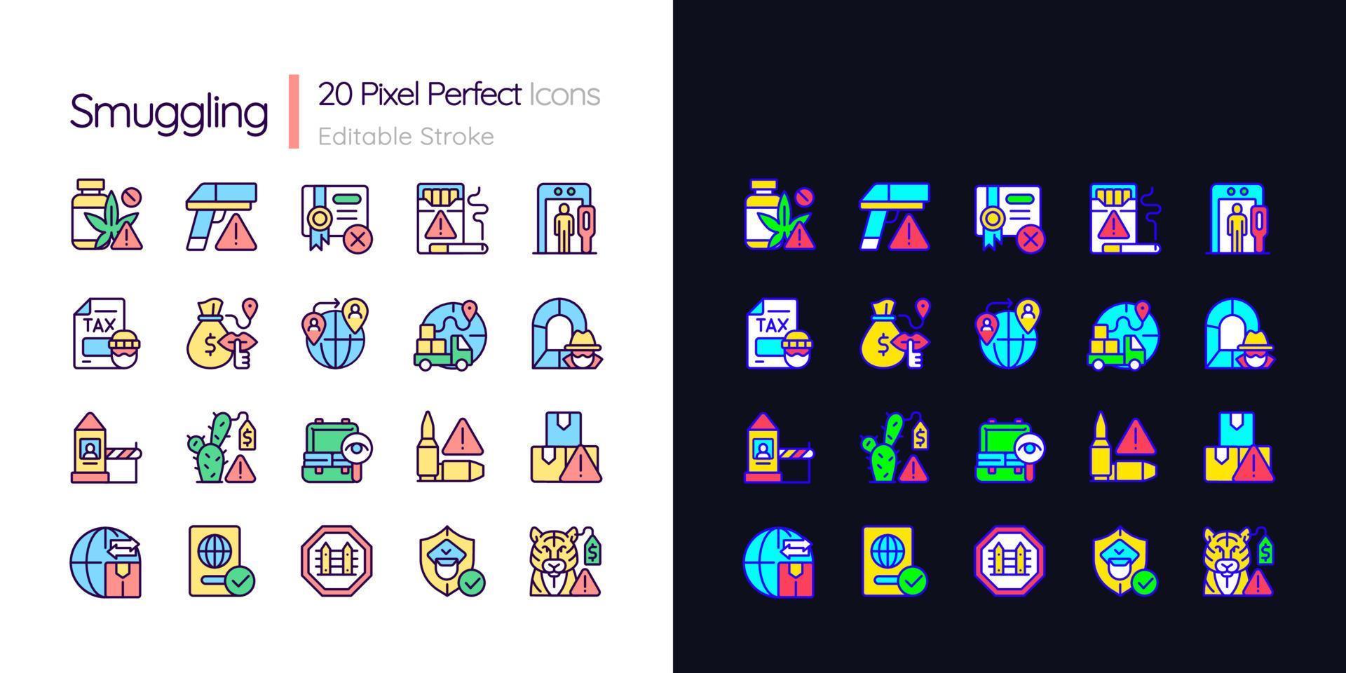 Smuggling light and dark theme RGB color icons set. Illegal import and export. Simple filled line drawings pack on white and black space. Editable stroke. Pixel perfect. Quicksand-Light font used vector