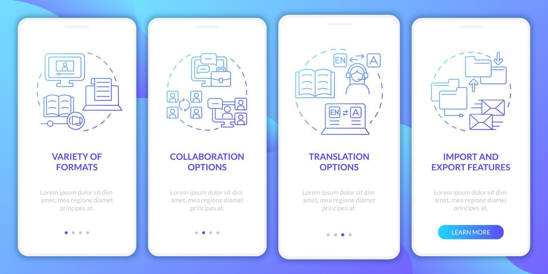 Elearning platforms features blue gradient onboarding mobile app screen. Walkthrough 4 steps graphic instructions pages with linear concepts. UI, UX, GUI template. Myriad Pro-Bold, Regular fonts used vector