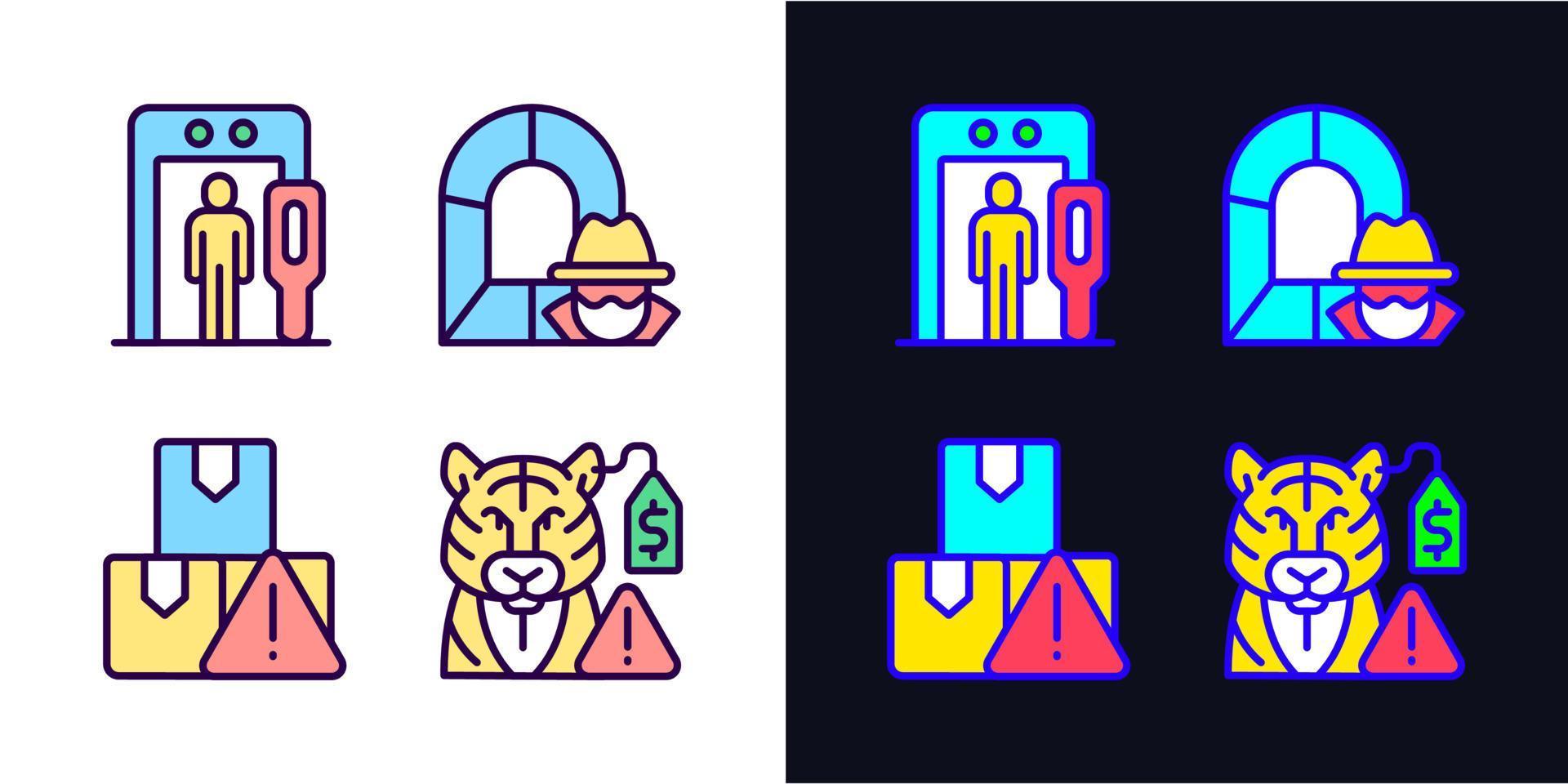 Smugglers activities prevention light and dark theme RGB color icons set. Smuggling tunnel. Animal contraband. Simple filled line drawings pack on white and black space. Editable stroke. Pixel perfect vector