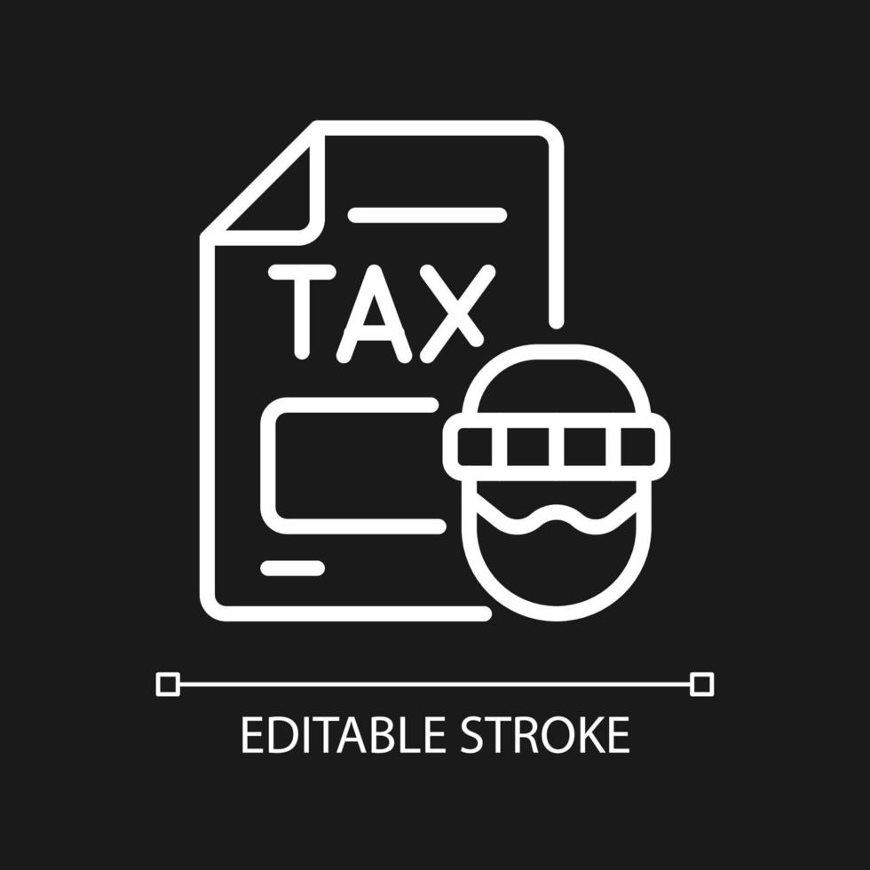 Tax evasion white linear icon for dark theme. Taxation fraud. Thin line customizable illustration. Isolated vector contour symbol for night mode. Editable stroke. Pixel perfect. Arial font used