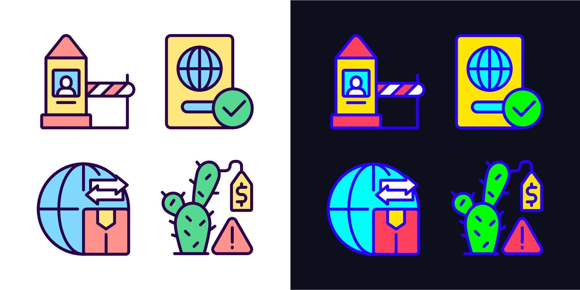 Borders control measures light and dark theme RGB color icons set. Contraband. Illegal trade prohibition. Simple filled line drawings pack on white and black space. Editable stroke. Pixel perfect vector